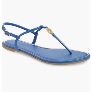 Tory Burch Royal Blue Leather T-Strap Sandals with Gold Logo
